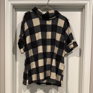Plaid Short-Sleeve Funnel Neck Blouse in Black and Cream